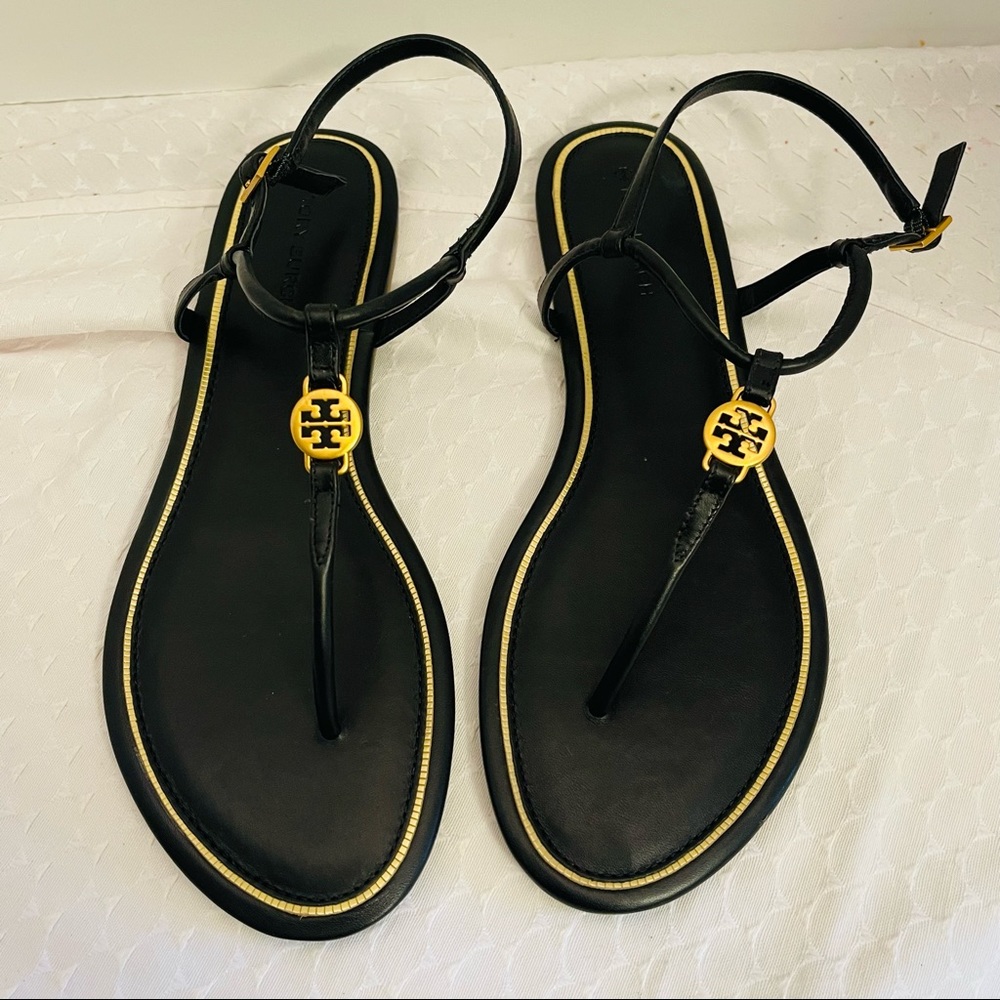 Tory Burch- Emmy Flat Sandal in Perfect Black Calf Leather, size 8.5